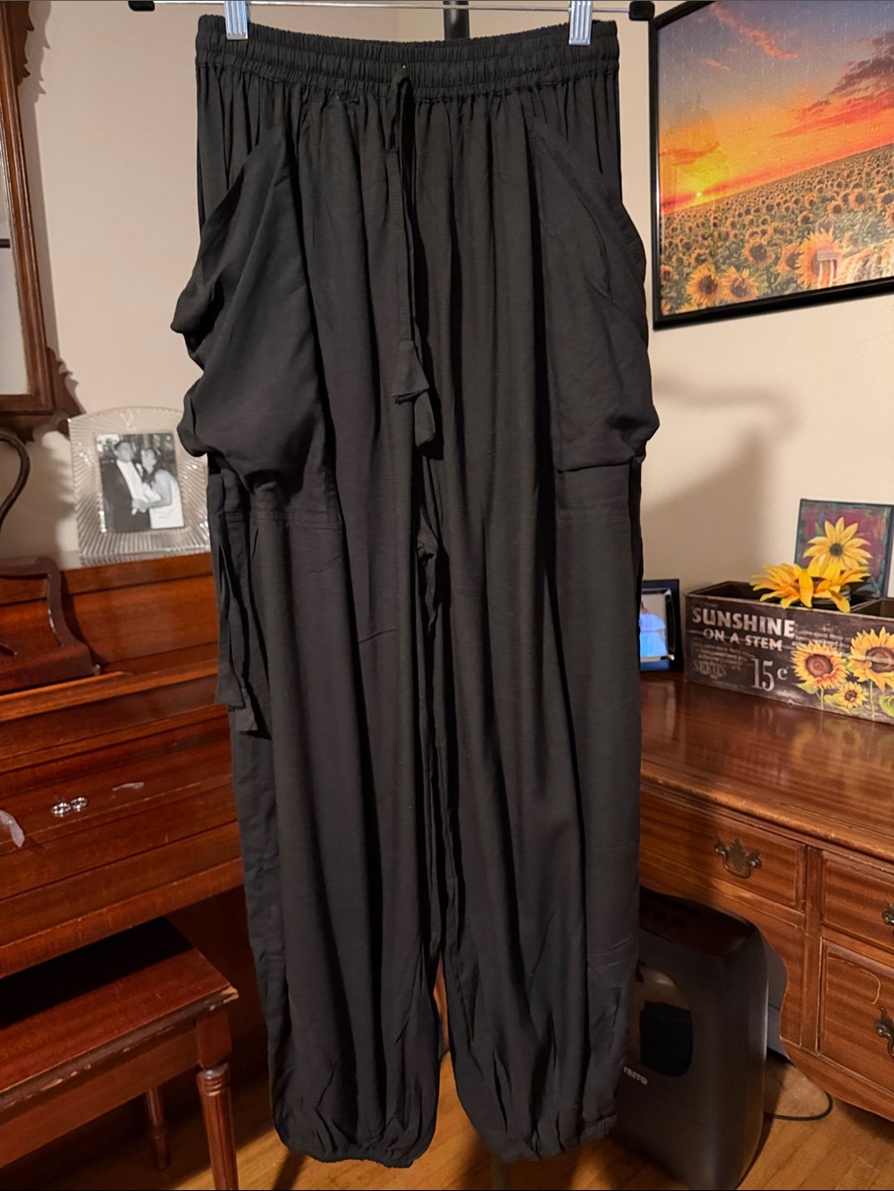 Women's Black Wide-Leg Drawstring Harem Pants